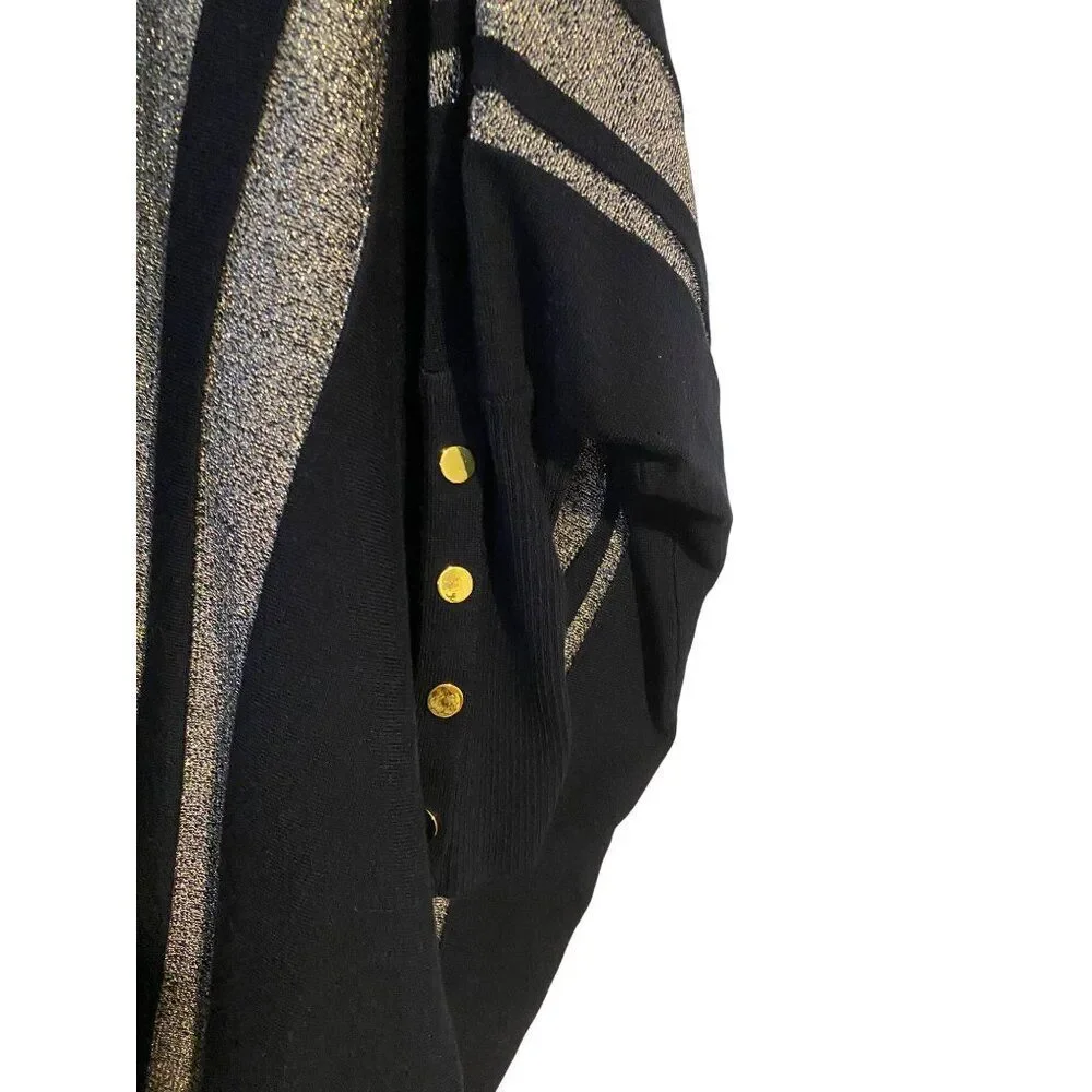 Alfani PXL Black & Metallic Pullover Sweater Top Gold Button Accents Boxy Chic